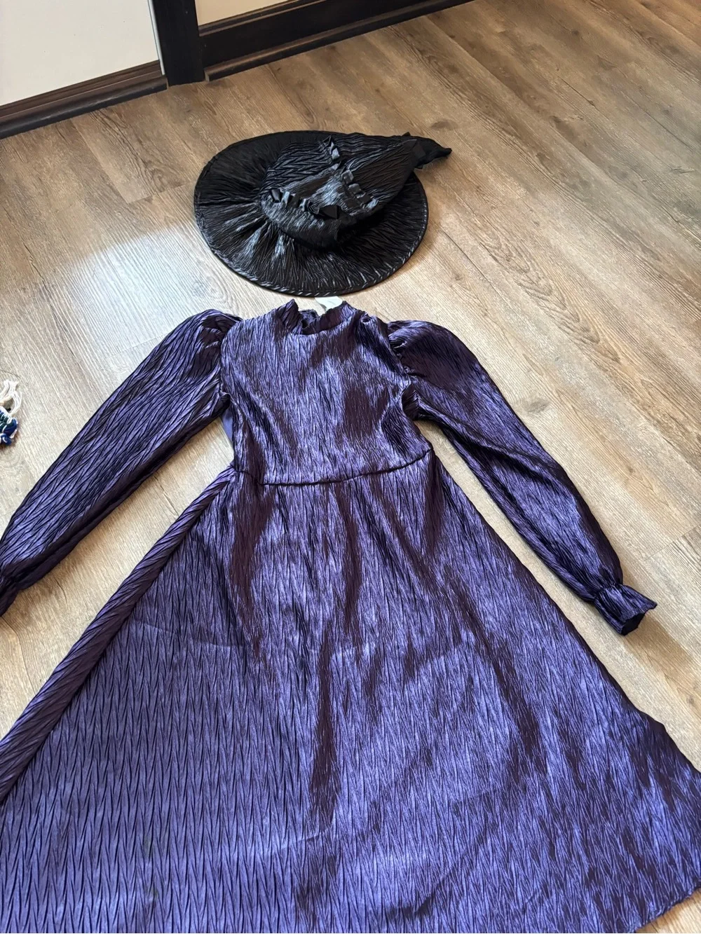 Wicked Elphaba Purple Midi Dress with Long Sleeves and hat